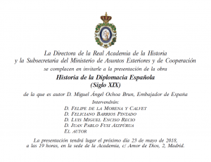 Invitación a la presentación del libro Historia de la Diplomacia Española (Siglo XIX)