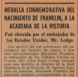 0.Noticia en prensa del acto de entrega de la medalla en Honor de Benjamin Franklin